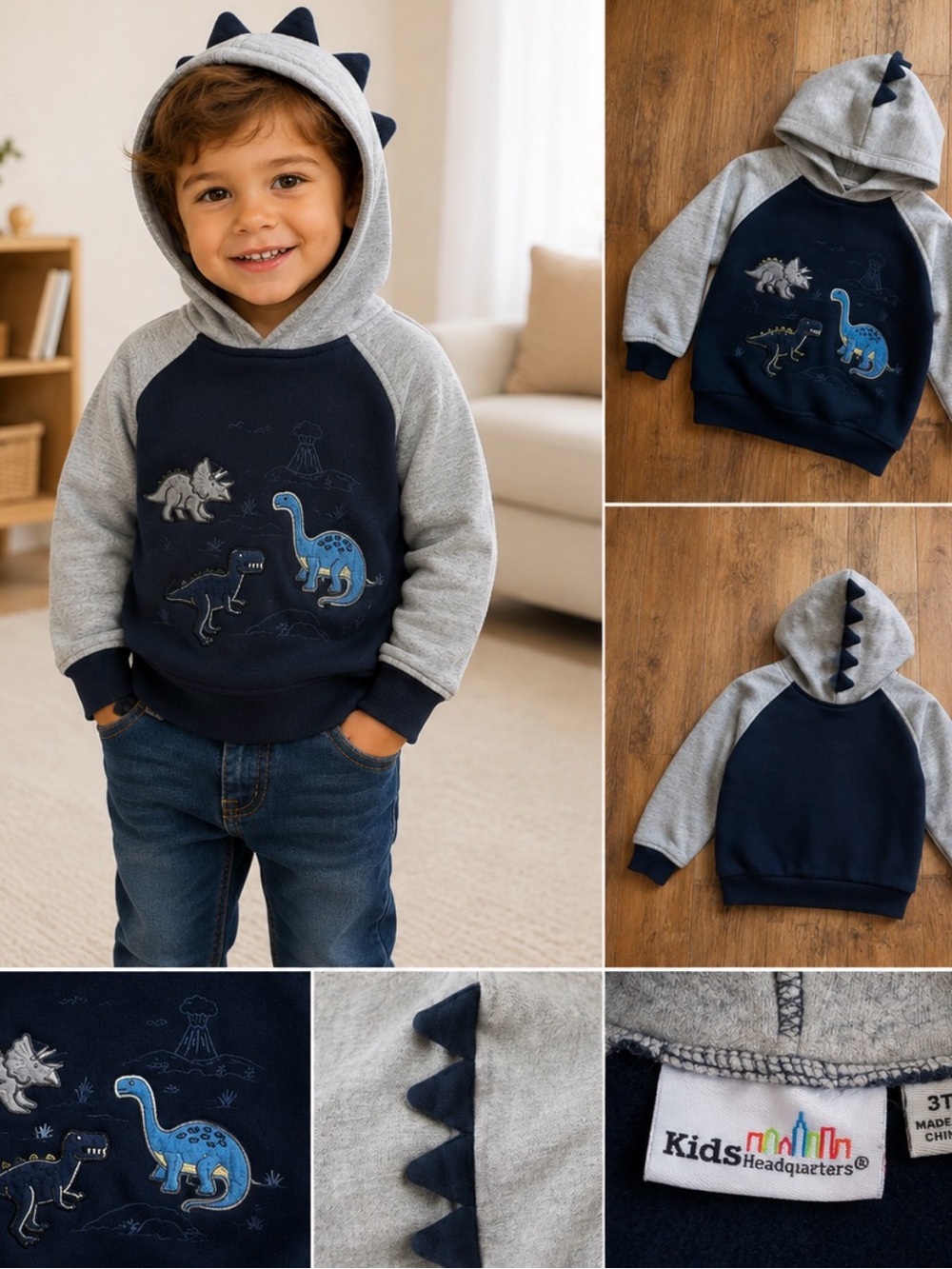 Kids Headquarters Boys Dinosaur Hoodie Navy & Gray Size 3T